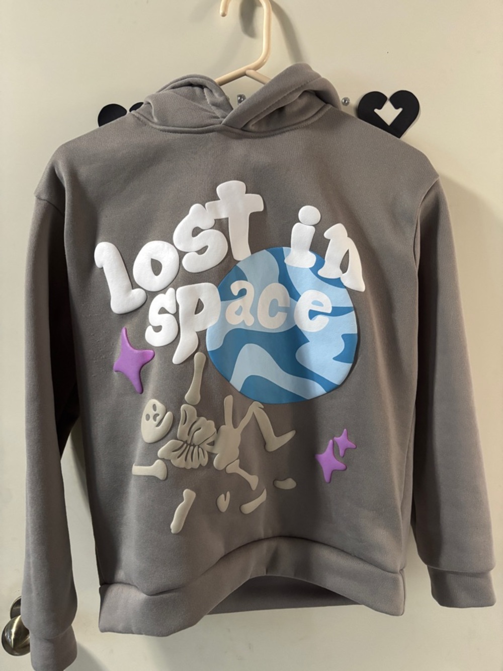 SHEIN Gray "Lost in Space" Graphic Hoodie with Blue & Purple Accents